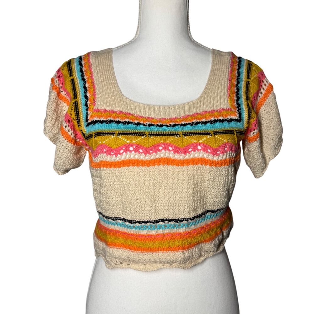 Alicedudu Crochet Knit Striped Crop Top Small Cream Multi Boho Square Neck Exc
